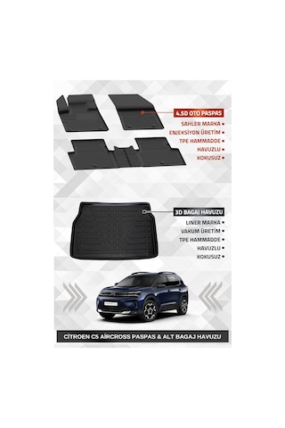Sahler C5 Aircross 2019+ Uyumlu 4.5d Premium Havuzlu Oto Paspas Ve Liner Marka 3d Alt Bagaj Havuzu