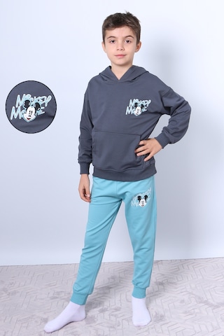 Erkek Çocuk Kapşonlu Eşofman Takımı Mickey Mouse Sırt Baskılı Ribanalı F3 Turkuaz