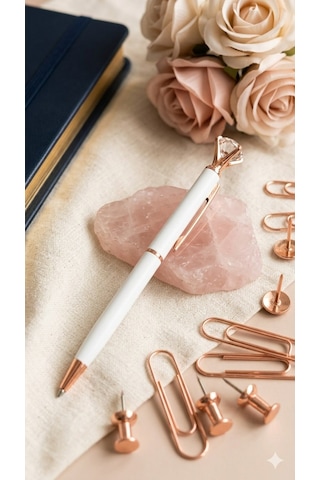 Rose Gold Detaylı Kristal Taşlı Beyaz Tükenmez Kalem Mavi