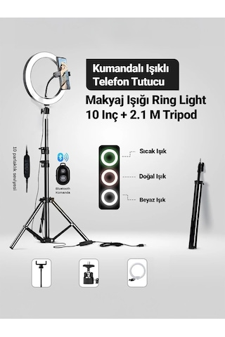 3 Renk Led Ring Light 26cm 10inç Bluetooth Kumandalı 2.1m Ayarlanır Tripot Tiktok Make Up Çekim Işık