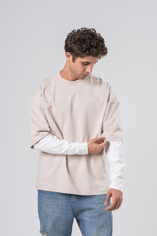 Coalcity Coal City Erkek Ekru Oversize Çift Renkli Uzun Kollu T-shirt Bej - Beyaz