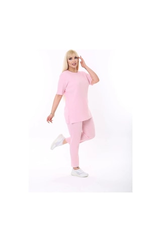 Modasehle Kısa Kollu Beli Lastikli Yırtmaçlı Rahat Kalıp Ikili Kaşkorse Takım Pembe