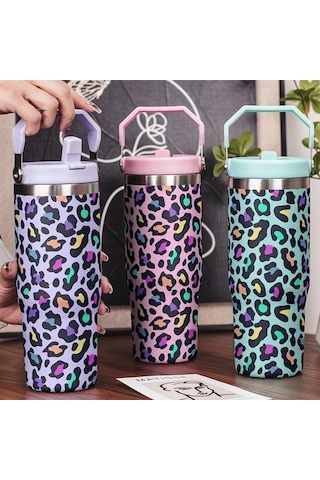 Trendooze Yeşil Leopar Desenli 30 Oz Paslanmaz Çelik Termos Çift Katmanlı Vakum Yalıtımlı Sızdırmaz Kapak Taşıma Saplı Kampçılı Yeşil