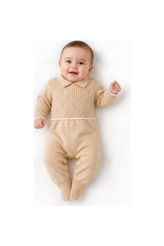 Babyhola Unisex Triko Patikli Bebek Tulum 5603 Bej