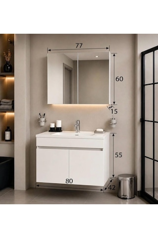 Modern 80 Cm Beyaz Mdf Hilton Aynalı Seramik Lavabolu Banyo Dolabı Takımı Alt Ve Üst Dolaplı