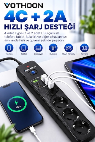 4 Lü Akım Korumalı Çoklu Priz 4 Type-c 2 Usb Girişli 4.2a Hızlı Şarj Destekli Priz 3000w 1