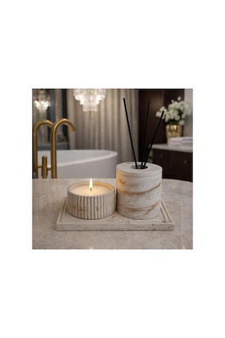 Beton Banyo Seti, Mum, Difüzör Oda Kokusu Kabı Ve Dekoratif Tepsi, Banyo Dekoru, 4 Parça Set, Koku Çubuk Hariç Diğer