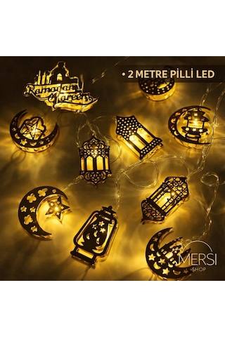 Ramazan Temalı Karışık Figürlü 2 Metre Pilli Gold Metal Dekoratif Led Işık Açık Sarı