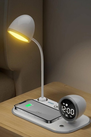 S-link Sl-cw21 Telefon Uyumlu Fast Şarj 15w Ayarlanabilir Led Işıklı Lcd Ekran Double Alarmli Beyaz Masa Lambası