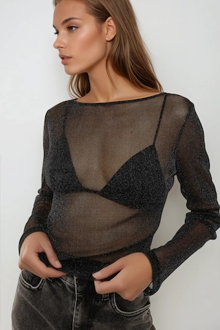 Hiccup Lurex Transparan Uzun Kollu Fit Bluz Siyah