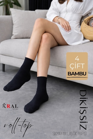 Kral Socks Kadın Roll-top Lastiksiz Dikişsiz Bambu Soket Çorap 4 Çift Siyah Siyah