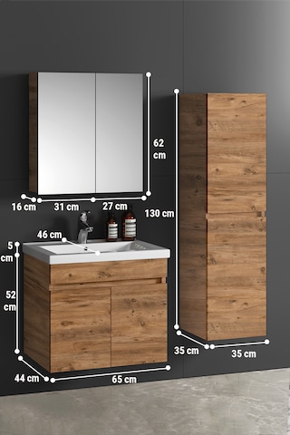 Çiğdem 65+35 Cm Atlantik Çam Mdf Seramik Lavabolu Asma Banyo Dolabı Takımı Beyaz