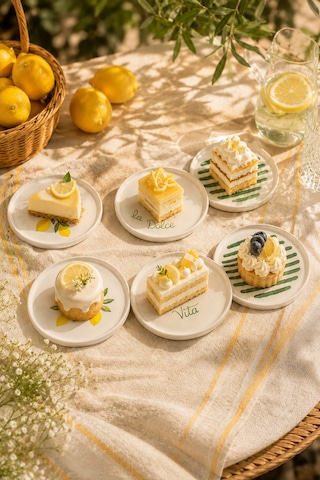 Amalfi 6 Lı Seramik Pasta Ve Servis Tabağı Seti 20 Cm Limon Desenli Akdeniz Sofra Takımı Beyaz