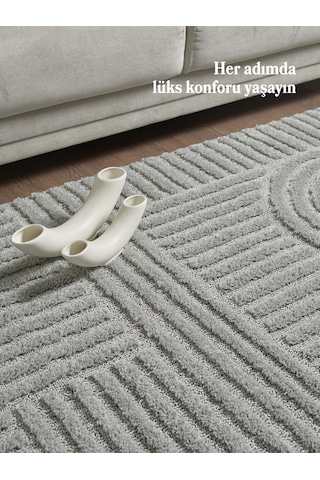 Yumuşak Peluş Tüylü İskandinav Desenli Kabarık Bukleli Gri Renkli Halı Gri