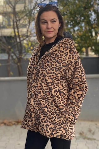 Mia Butik Büyük Beden Camel Leopar Deseli Ceket Camel