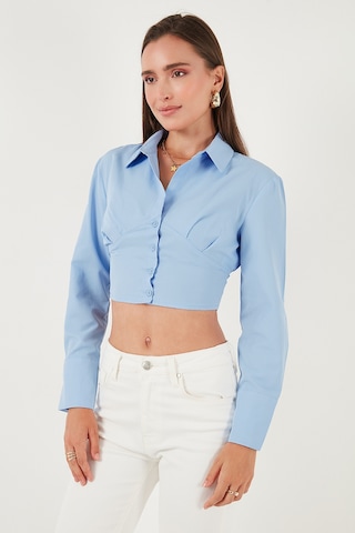 Lela Fitted Fit Pamuklu Korse Detaylı Uzun Kollu Crop Bayan Gömlek 611Go00376 Bebe Mavi