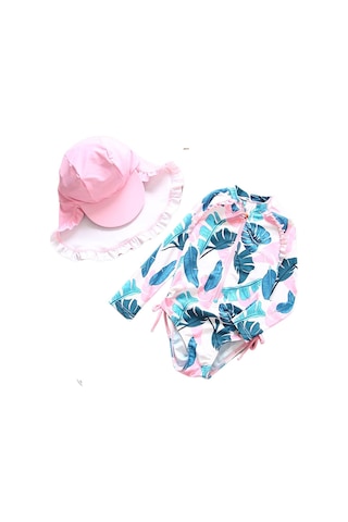 Upf50+ Kız Çocuk Mayo Beyaz Pembe Yeşil Yaprak Desen Kolay Giyilen Cool Mayo Şapka Set Yeşil