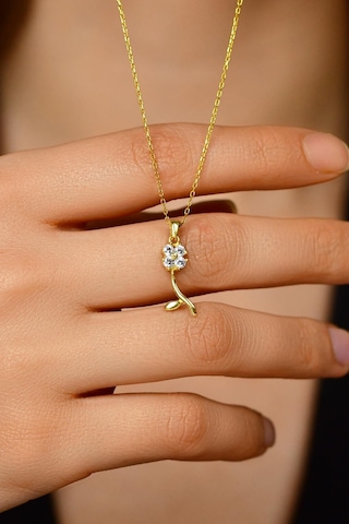 Erdobia Zirkon Taşlı Gold Minimal Yonca Gümüş Kolye