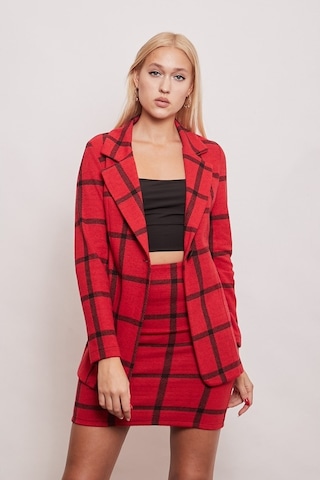 Kışlık Yünlü Kumaş Yüksek Bel Diz Üstü Kalem Etek-Kırmızı Kareli