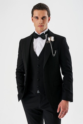 İmza Siyah Çıkarılabilir Şal Yaka Yelekli Likralı 6 Drop Slim Fit Smokin Damatlık 1001240202-Siyah