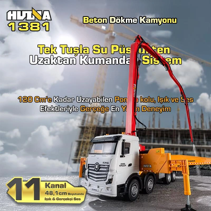 Huına 1381 1/18 11ch Beton Çimento Dökme Kamyonu İş Makinesi İnşaat Uzaktan Kumandalı Rc Model Sarı - 2.4ghz Gerçekçi Similasyon Ses Ve Işık Sistemi