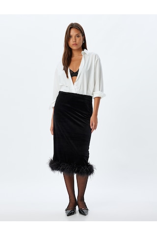 Koton Abiye Etek Midi Kadife Tüy Detaylı Slim Fit Siyah 5wak70006fk Siyah
