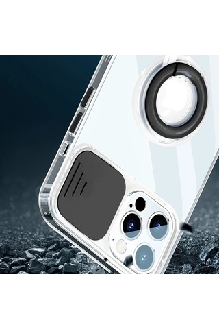 Ally iPhone Uyumlu 12 Pro Max Kılıf Sürgülü Kamera Lens Korumalı Yüzük Standlı Silikon Kılıf- 5775 Şeffaf