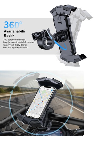 Ultra Güvenli 360 Dönebilen Motosiklet Ve Bisiklet Telefon Tutucu Siyah