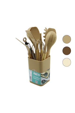 11pcs+kova Silikon Mutfak Seti Bambu Sap 3-kaşık- 3-spatula- 1-kevgir- 1-kepçe- 1-maşa- 1-çrpc- 1-frç 5492 Çr