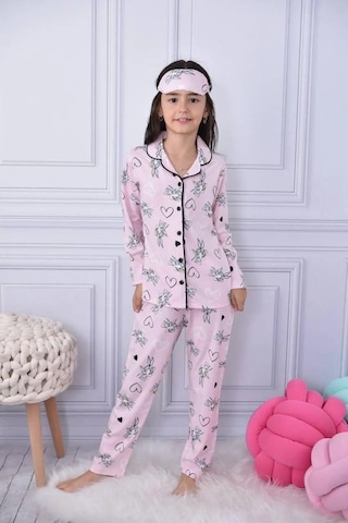 Lillypicca Kız Çocuk Desenli Pamuklu Önden Düğmeli Göz Bantlı Uzun Kol Pijama Takımı 9027 Somon