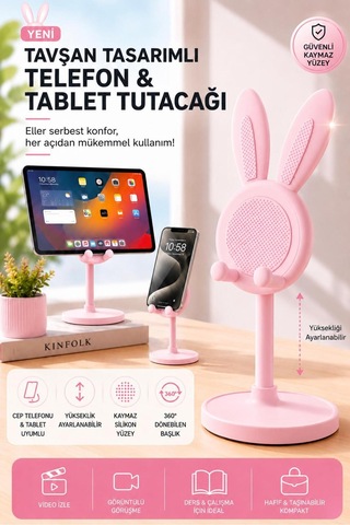 Tavşan Kulplu Makyaj Organizeri & Tavşan Figürlü Telefon Tablet Standı İkili Set Pembe Pembe