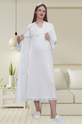 Mecit Pijama Mecit 1518 Ekru Sabahlıklı Lohusa Gecelik Takım