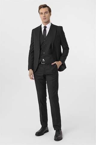 Süvari Siyah Slim Fit Armürlü Sivri Yaka 6 Drop Yelekli Klasik Takım Elbise-35629 Siyah