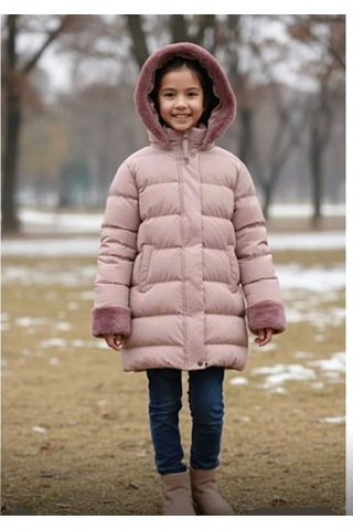 Boutiguestyles Kız Çocuk Şişme Mont Kürklü Açık Kahve Sedefli Işıltılı Çıkarılabilir Kapüşonlu Fermuarlı Pembe