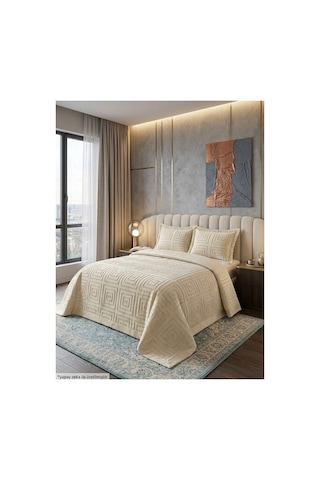 Premium Kabartma Dokulu Royal Model Çift Kişilik Yatak Örtüsü 2 Adet Yastık Kılıfı Dahil 250 X 260 Premium23004 Krem