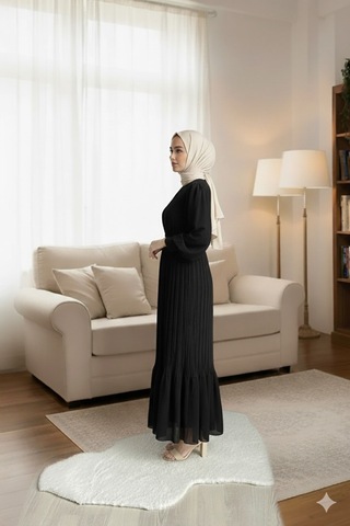 Çlm Store Piliseli Şifon Tesettür Elbise - Rahat Ve Şık - Boy 135 Cm Siyah Siyah