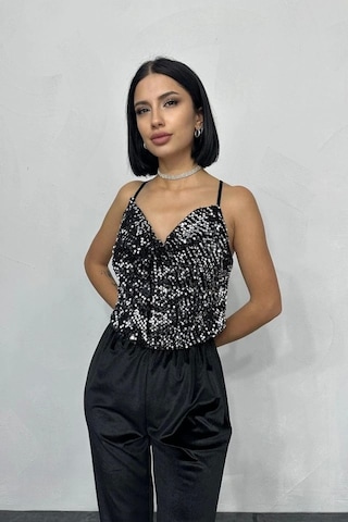 Defymoda Gümüş Askılı Degaje Bluz Gümüş