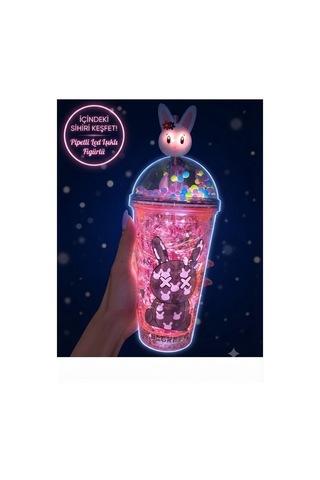 Çift Katlı İçecek Bardağı Led Işıklı Pipetli Kawaii Chibi Sevimli Tavşan Figürlü Suluk 450ml Kırmızı