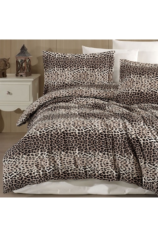 Tek Kişilik Leopar Desen Nevresim Takımı 160x220 2 Yastık Kılıfı Lastikli Çarşaflı 100x200+30 Kahverengi