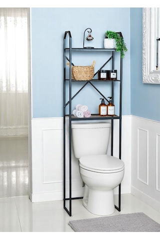Metal Ayaklı 3 Raflı Banyo Rafı Klozet Üstü Dekoratif Raf Siyah