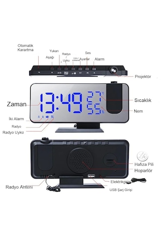 Çok Fonksiyonlu Ayna Saat Fm Radyo Alarm Projeksiyon Sıcaklık ...
