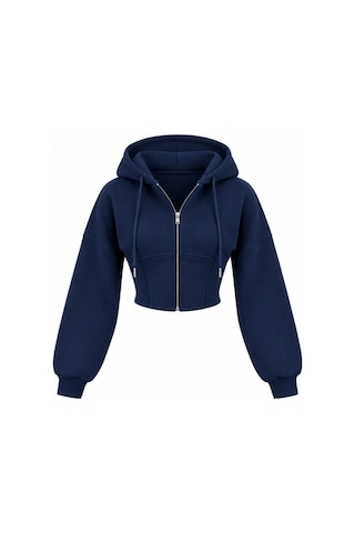 Evoa Kadın Lacivert Oversize Kol Kapüşonlu Crop Hırka