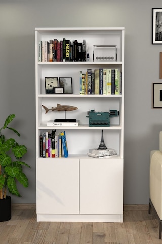 2 Kapaklı Dolaplı 4 Raflı Kitaplık Beyaz Siyah