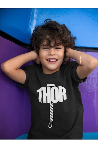 Sevbano Thor Çekiç Baskılı Unisex Avengers Çocuk Tişört 1-12 Yaş Siyah