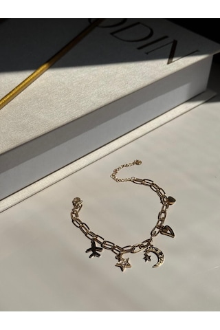 Altın Kaplama Yıldız, Ay Ve Kalp Figürlü Çelik Zincir Bileklik Altın
