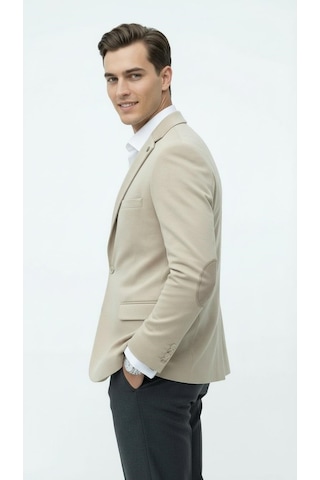 Plus Scorpion Erkek Kolu Yamalı Blazer Ceket Taş Renk, İtalyan Kesim Slim Fit, Şık Tasarım Taş