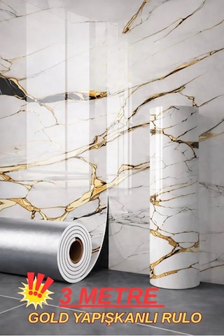 60cm X 3 Metre Tek Parça Yapışkanlı Rulo Gold Mermer Desenli Duvar Paneli Kağıdı Silinebilir Tjjc Altın - Beyaz