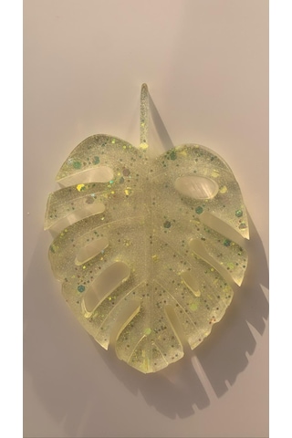 Transparan Sarı Renk Glitterli Epoksi Bardak Altlığı Yaprak Desen Sarı