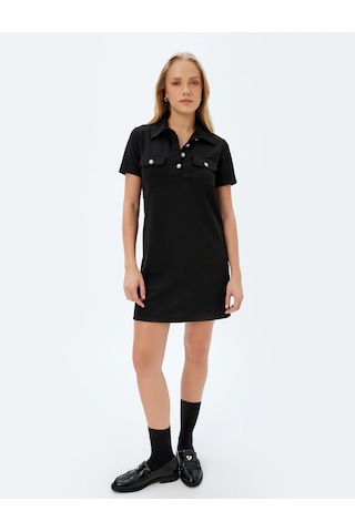 Koton Polo Yaka Elbise Mini Boy A Kesim Kısa Kollu İnci Düğme Ve Cep Detaylı Siyah 5sak80042ek Siyah