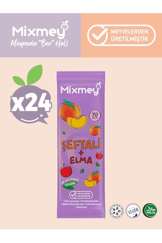 Mixmey Şeftali Meyve Barı 24 Adet | Atıştırmalıklar – Vegan, Glutensiz, Koruyucusuz 20gr X 24 Adet